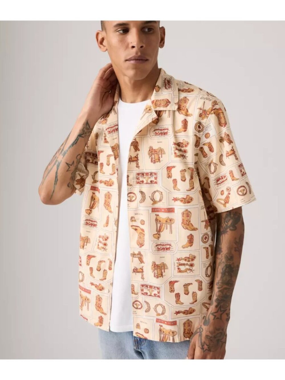 New Levi's L Sunset Camp Shirt Western Wear Heritage Print Ecru Tonal Large